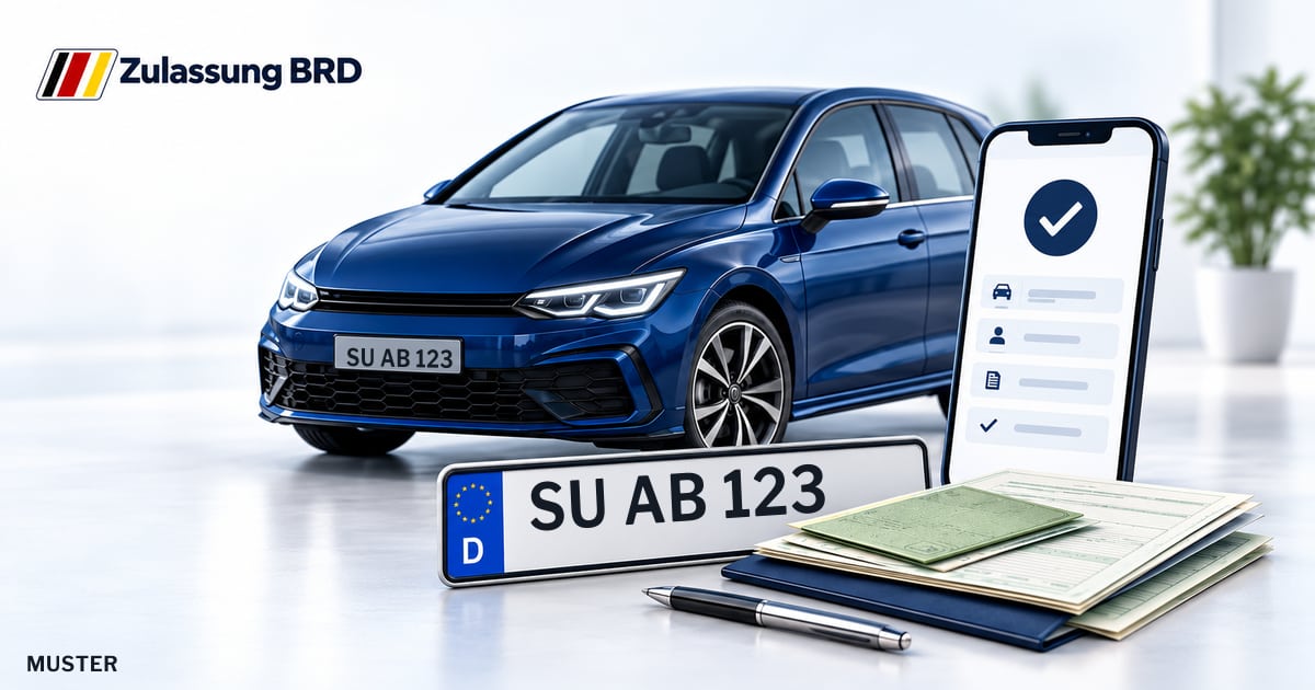 Online Fahrzeugzulassung in Bornheim: Musterkennzeichen SU AB 123, Auto und Fahrzeugpapiere und Smartphone. Illustration mit Logo von Zulassung BRD.